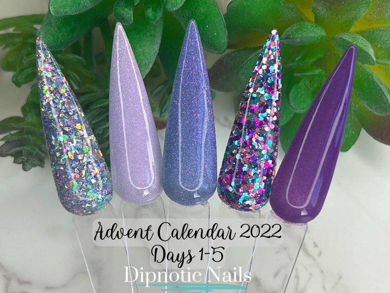 Photo shows swatch of Dipnotic Nails 2022 Advent Calendar Collection 1 Purple Dip Powder Collection Dipnotic Nails 2022 Advent Calendar