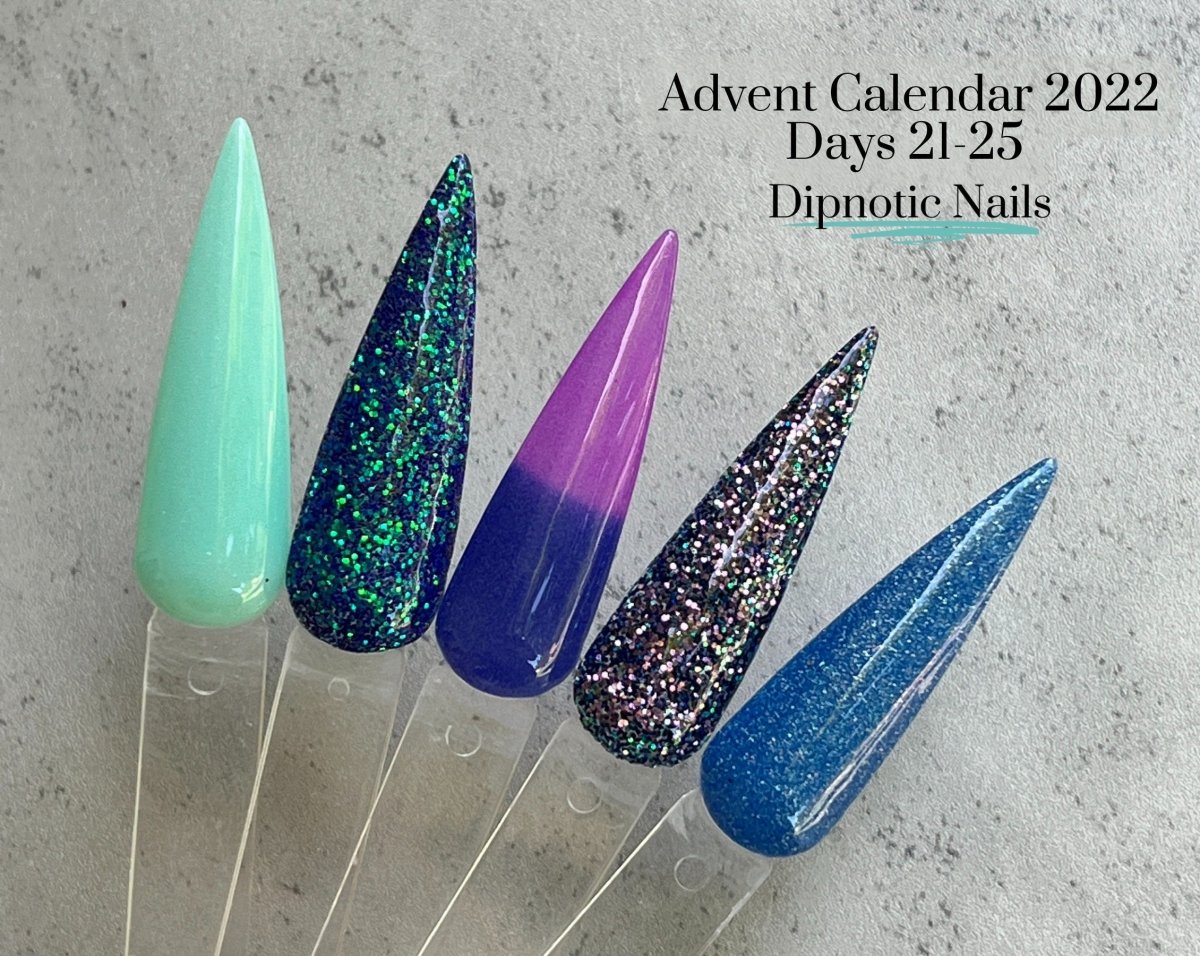 Photo shows swatch of Dipnotic Nails 2022 Advent Calendar Collection 5 Blue and Purple Dip Powder Collection Dipnotic Nails 2022 Advent Calendar