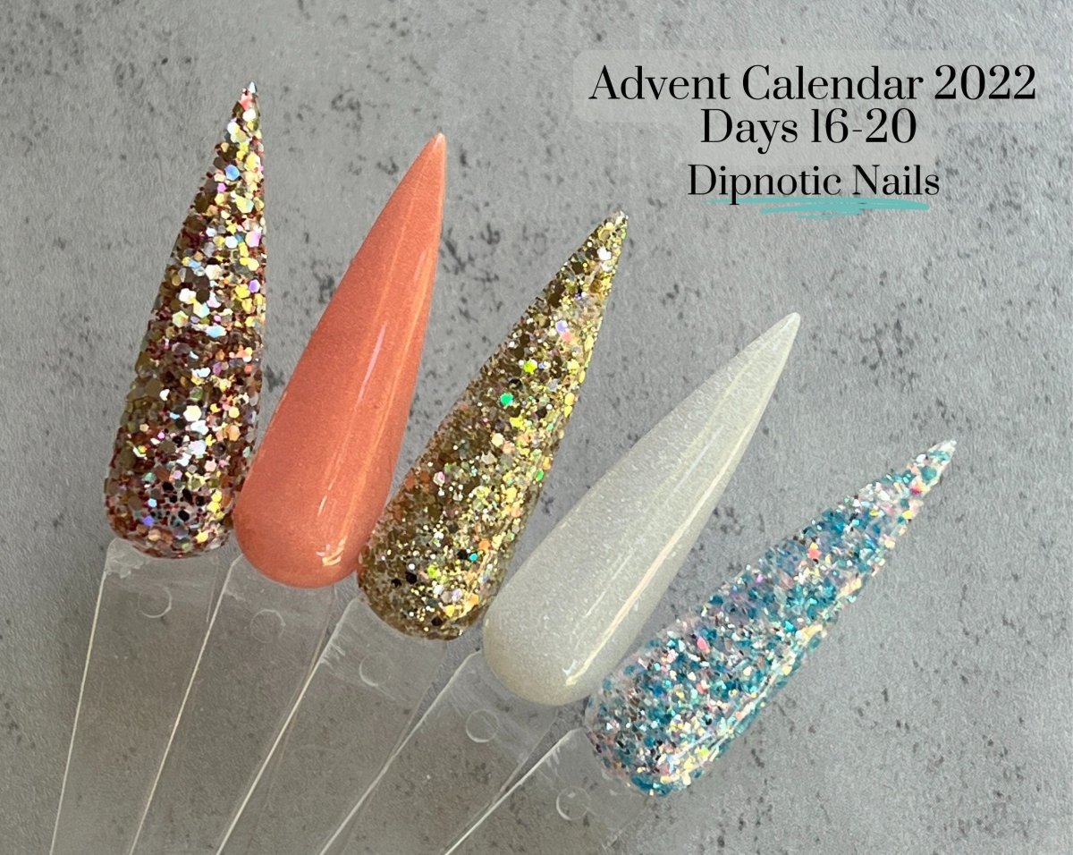 Photo shows swatch of Dipnotic Nails AC22-16 Gold and Dark Coral Nail Dip Powder Dipnotic Nails 2022 Advent Calendar