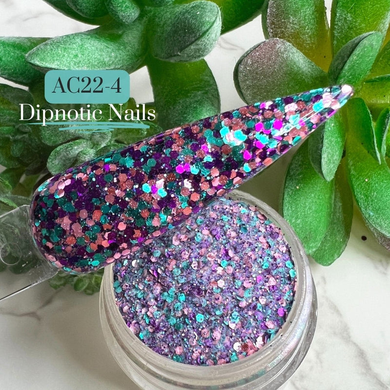 Photo shows swatch of Dipnotic Nails AC22-4 Purple, Rose Gold, and Blue Glitter Nail Dip Powder Dipnotic Nails 2022 Advent Calendar