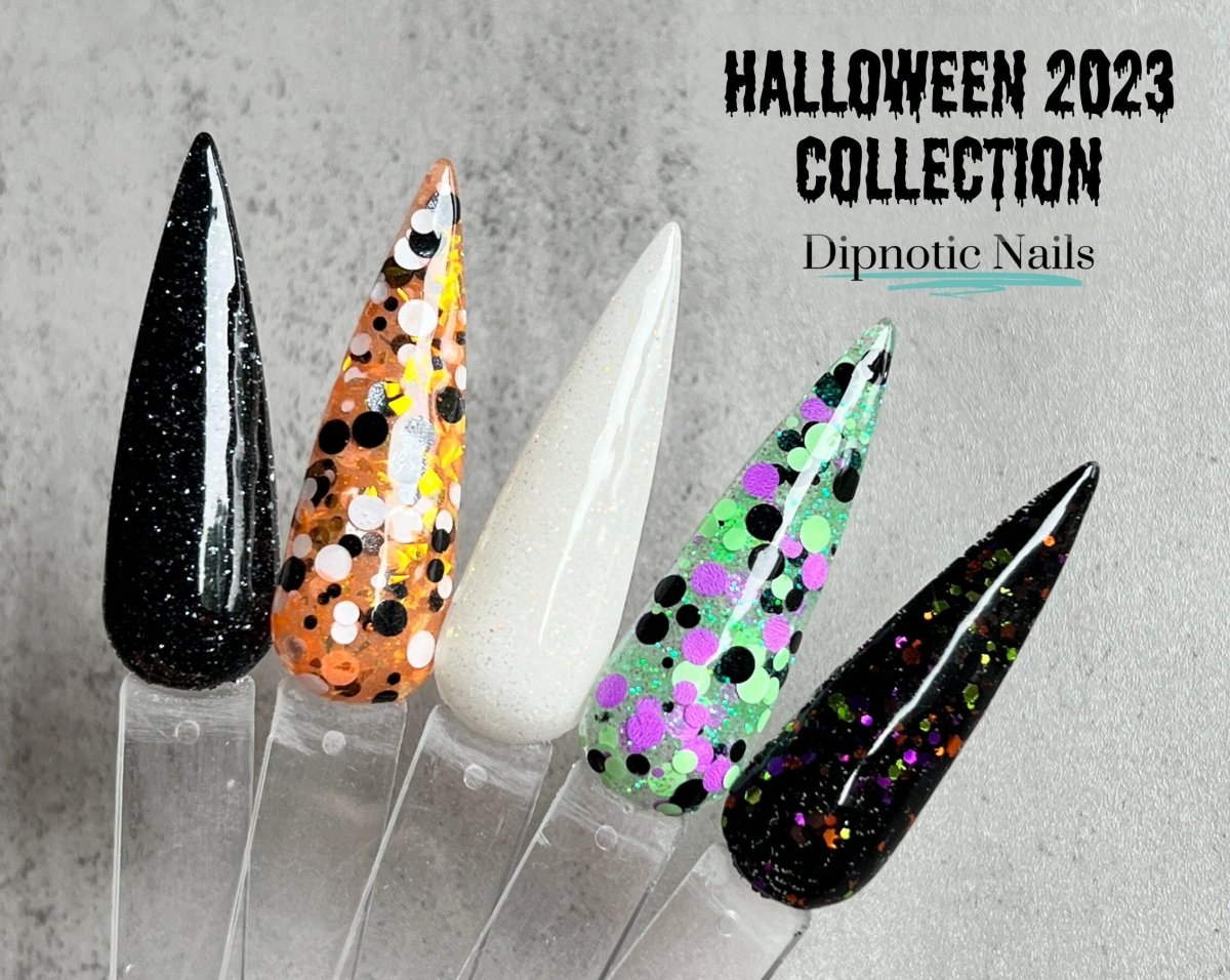 Photo shows swatch of Dipnotic Nails All Hallows' Eve Black, Orange, Purple, and Green Glitter Nail Dip Powder Halloween 2023 Collection