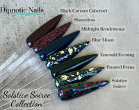 Photo shows swatch of Dipnotic Nails Back Currant Cabernet Dark Burgundy Nail Dip Powder The Solstice Soiree Collection