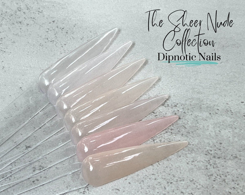 Photo shows swatch of Dipnotic Nails Barely There Sheer Nude Pink Nail Dip Powder The Sheer Nude Collection