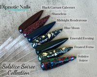 Photo shows swatch of Dipnotic Nails Blue Moon Dark Navy and Silver Nail Dip Powder The Solstice Soiree Collection