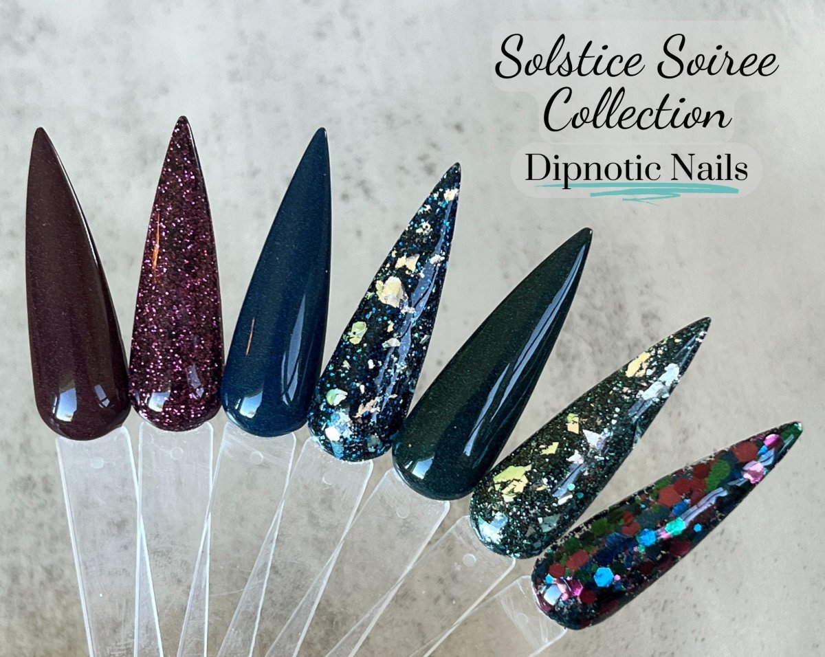 Photo shows swatch of Dipnotic Nails Blue Moon Dark Navy and Silver Nail Dip Powder The Solstice Soiree Collection