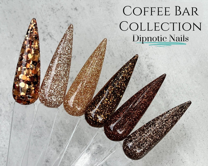 Photo shows swatch of Dipnotic Nails Caramel Macchiato Golden Brown Nail Dip Powder Coffee Bar Dip Powder Collection