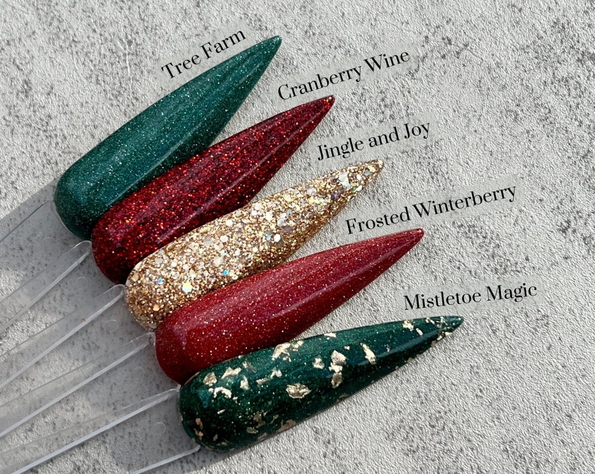 Photo shows swatch of Dipnotic Nails Christmas 2023 Nail Dip Powder Collection
