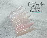 Photo shows swatch of Dipnotic Nails Clarity Sheer Nude Pink Nail Dip Powder The Sheer Nude Collection