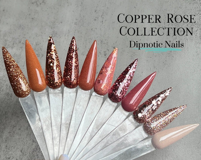 Photo shows swatch of Dipnotic Nails Copper Crush Copper Nail Dip Powder Copper Rose Collection