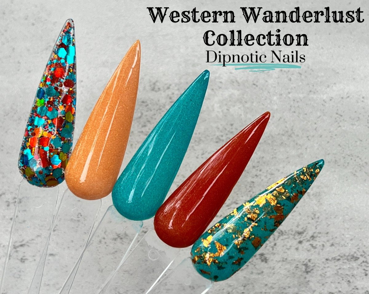Photo shows swatch of Dipnotic Nails Cowboy Boots Warm Gold Nail Dip Powder Western Wanderlust Dip Powder Collection