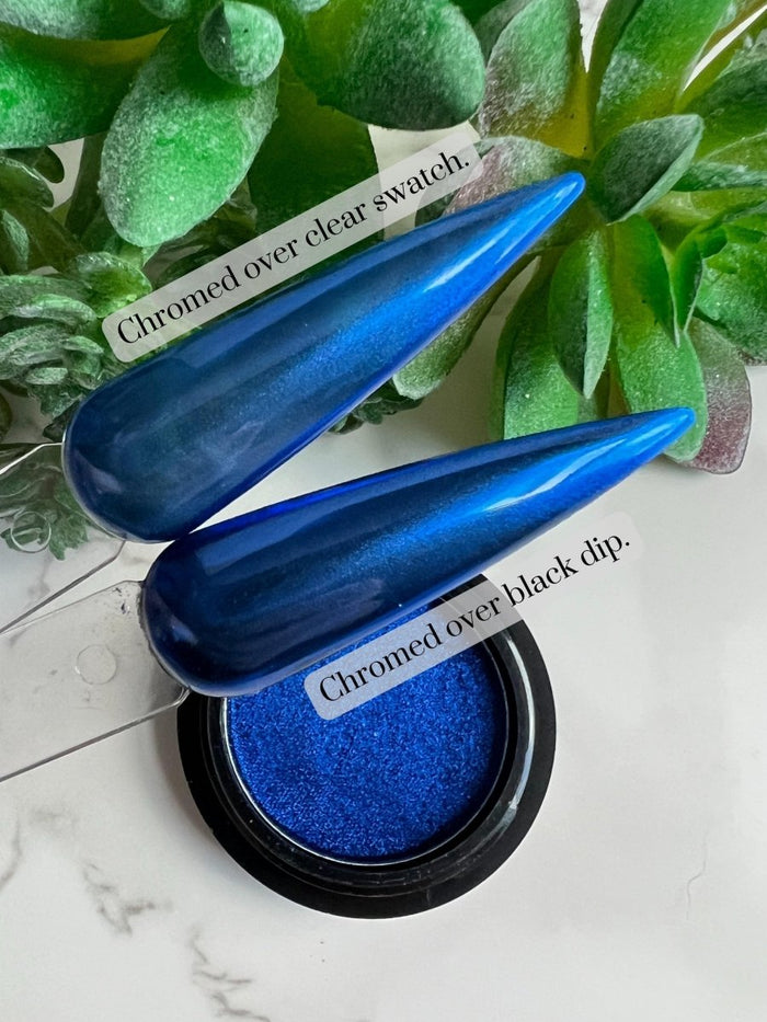 Photo shows swatch of Dipnotic Nails Dark Blue Mirror Chrome Nail Pigment Powder