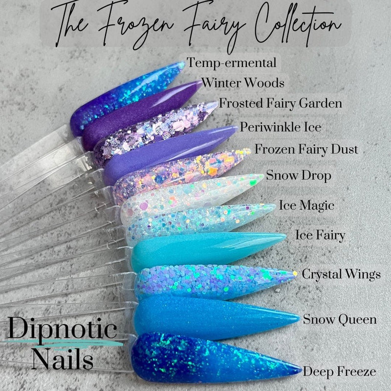 Photo shows swatch of Dipnotic Nails Deep Freeze Dark Blue to Light Blue Flaky Thermal Nail Dip Powder The Frozen Fairy Collection