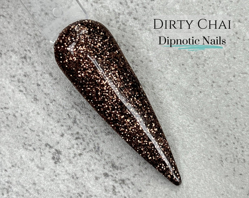 Photo shows swatch of Dipnotic Nails Dirty Chai Brown Nail Dip Powder Coffee Bar Dip Powder Collection