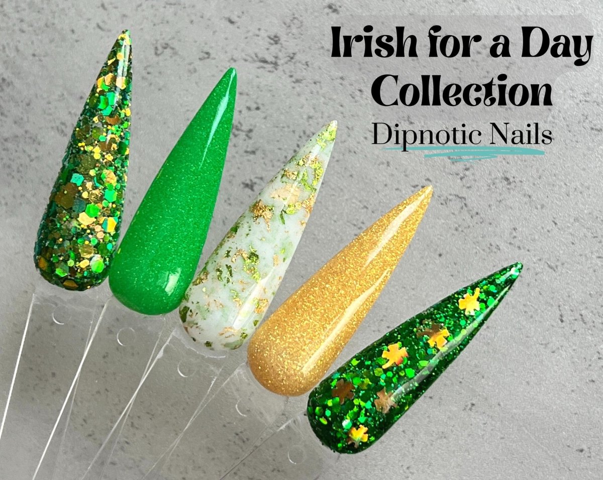 Photo shows swatch of Dipnotic Nails Dublin White, Green, and Gold Foil Nail Dip Powder The Irish for a Day Collection