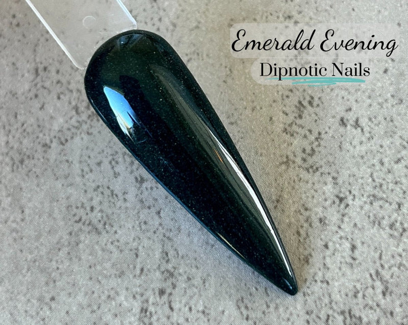 Photo shows swatch of Dipnotic Nails Emerald Evening Dark Green Nail Dip Powder The Solstice Soiree Collection