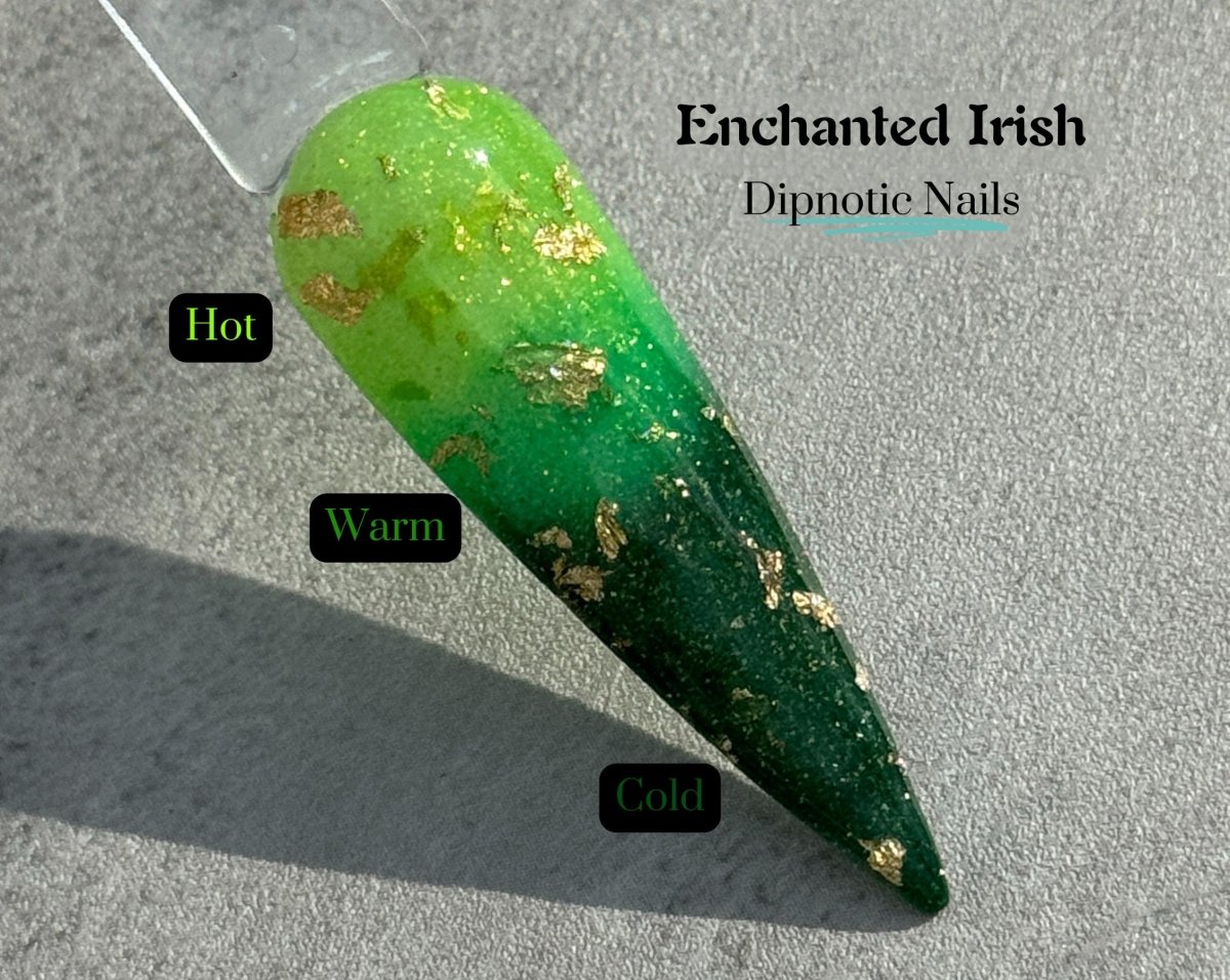 Photo shows swatch of Dipnotic Nails Enchanted Irish Green and Gold Triple Thermal St. Patrick's Day Nail Dip Powder