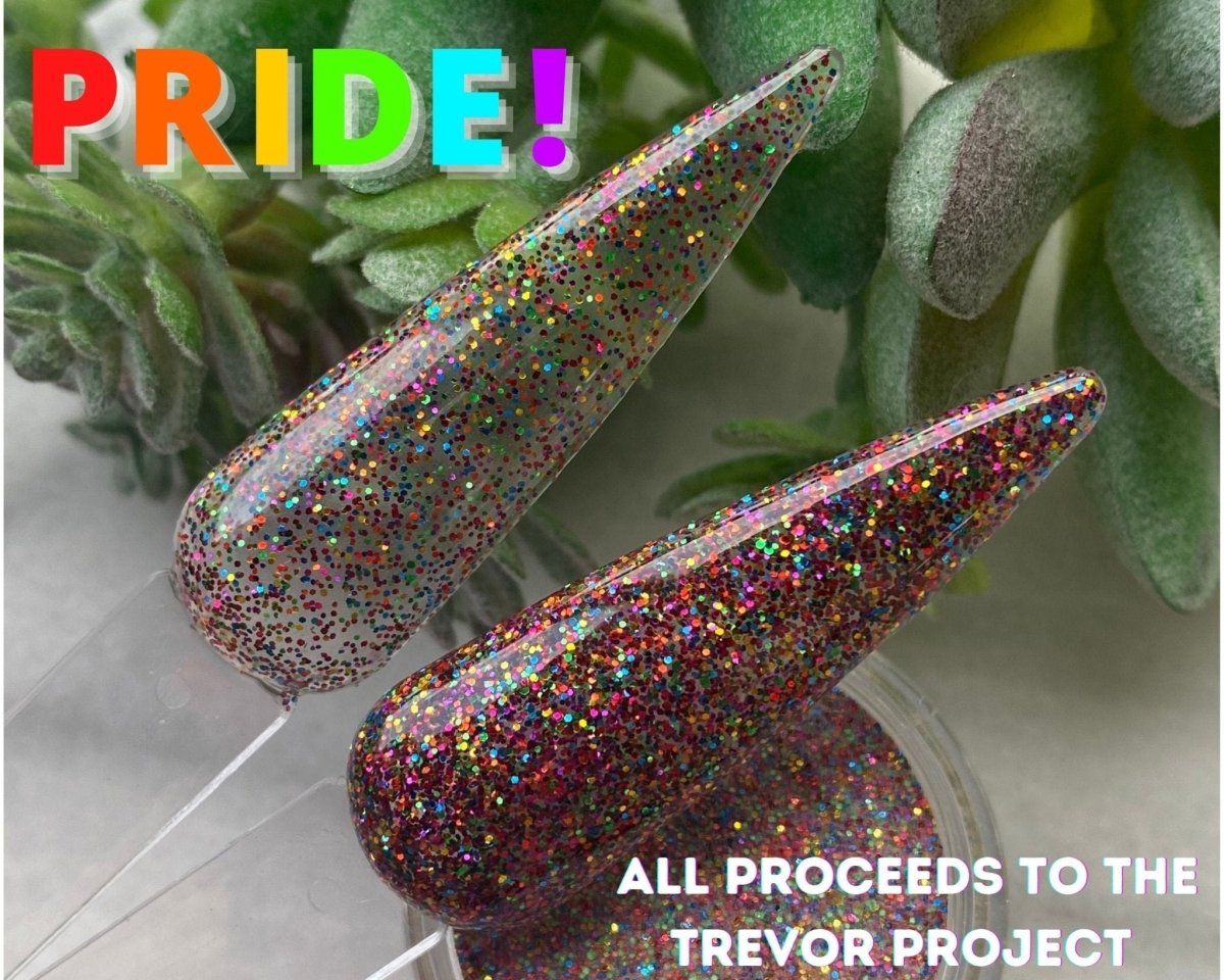 Photo shows swatch of Dipnotic Nails Equality Rainbow Pride Glitter Nail Dip Powder