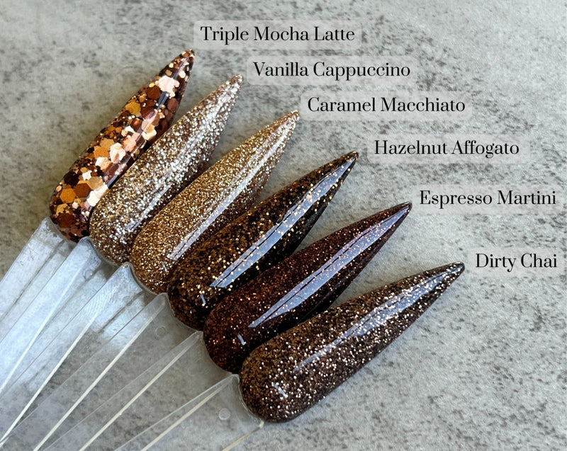 Photo shows swatch of Dipnotic Nails Espresso Martini Chocolate Brown Nail Dip Powder Coffee Bar Dip Powder Collection