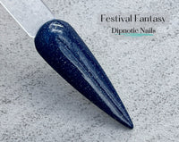Photo shows swatch of Dipnotic Nails Festival Fantasy Dark Blue Hanukkah Nail Dip Powder Latkes and Light Collection