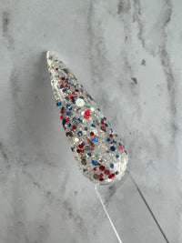Photo shows swatch of Dipnotic Nails Firework Red White and Blue Patriotic Nail Dip Powder The Fourth of July Collection