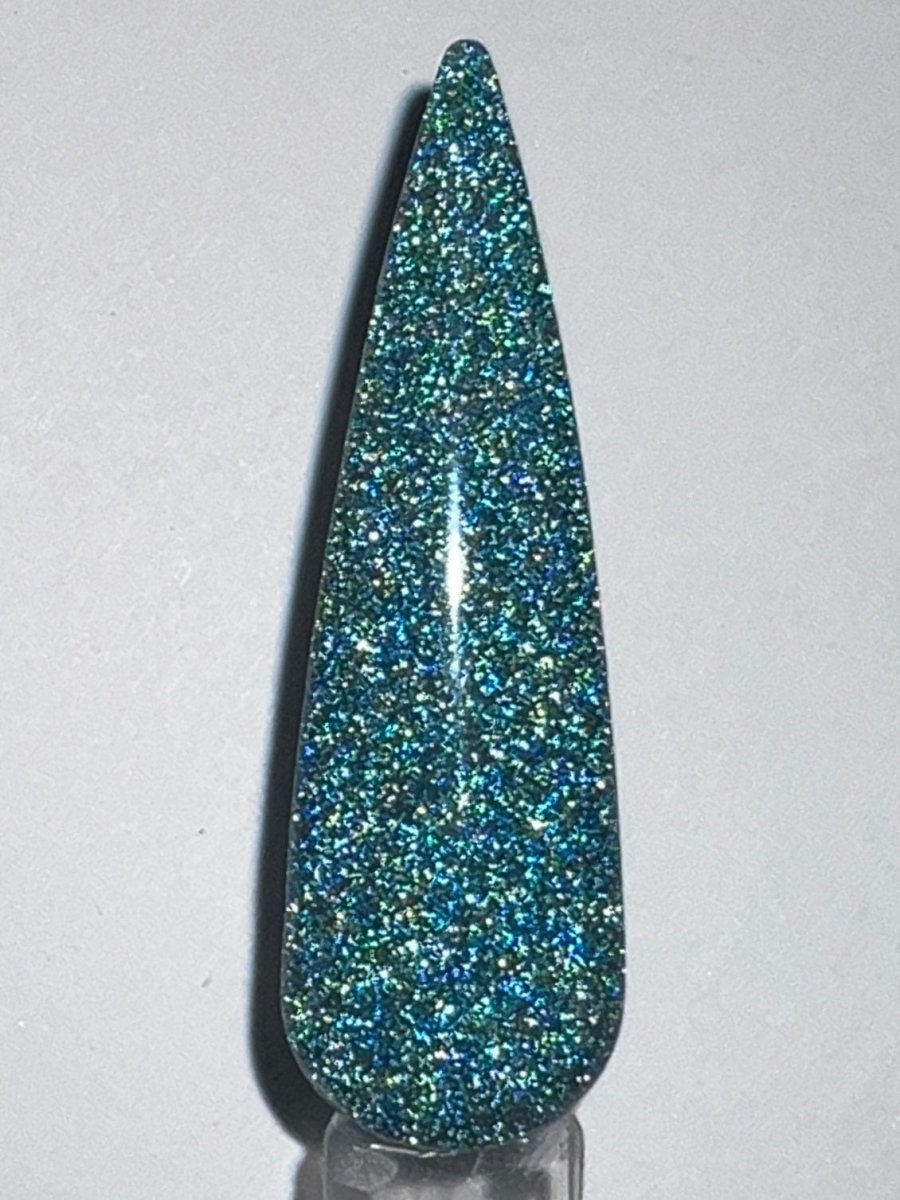 Photo shows swatch of Dipnotic Nails Flash Light Blue Reflective Glitter Nail Dip Powder