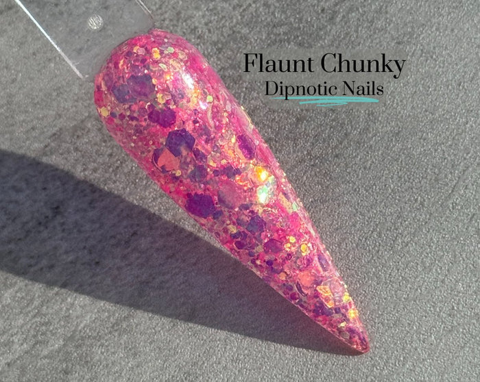 Photo shows swatch of Dipnotic Nails Flaunt Chunky Pink Nail Dip Powder