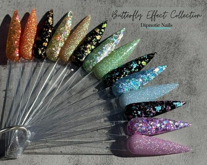 Photo shows swatch of Dipnotic Nails Flutter Yellow Holographic Nail Dip Powder The Butterfly Effect Collection