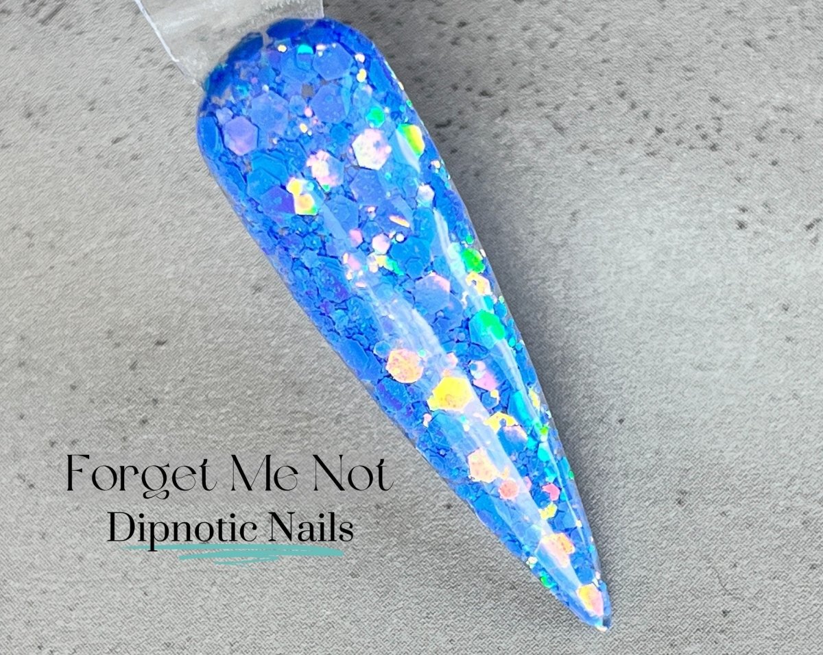 Photo shows swatch of Dipnotic Nails Forget Me Not Periwinkle Pink Gold and Teal Color Shift Nail Dip Powder The April Showers and May Flowers Collection