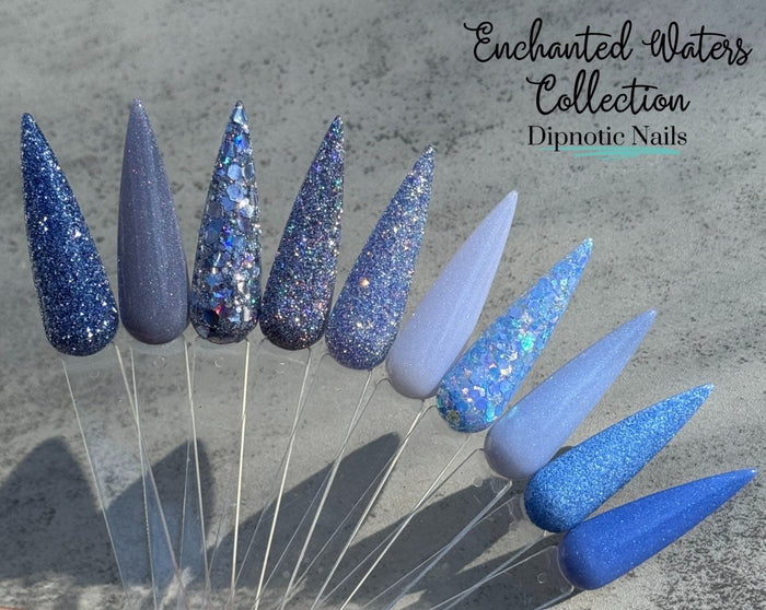 Photo shows swatch of Dipnotic Nails Fountain of Youth Periwinkle Dip Powder- The Enchanted Waters Collection