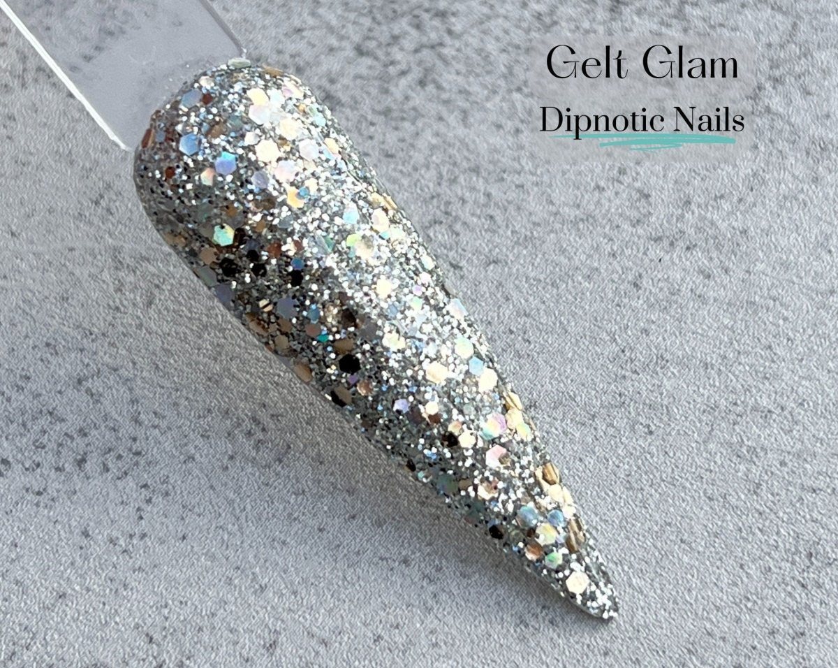 Photo shows swatch of Dipnotic Nails Gelt Glam Silver Hanukkah Nail Dip Powder Latkes and Light Collection