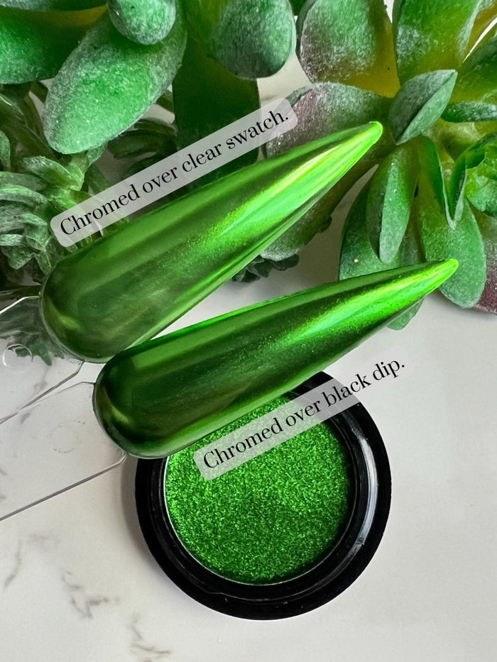 Photo shows swatch of Dipnotic Nails Green Mirror Chrome Nail Pigment Powder