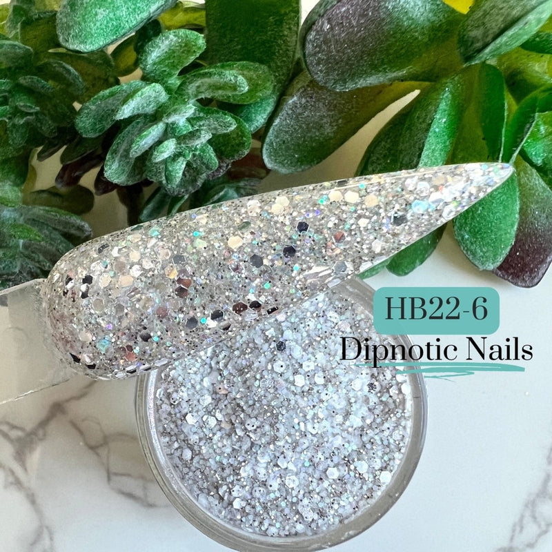 Photo shows swatch of Dipnotic Nails HB22-6 Silver Mirror Glitter Glitter Nail Dip Powder Dipnotic Nails 2022 Hanukkah Box