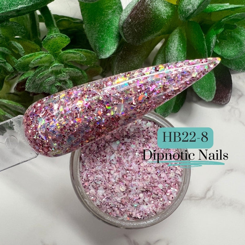 Photo shows swatch of Dipnotic Nails HB22-8 Pink Holographic Glitter Nail Dip Powder Dipnotic Nails 2022 Hanukkah Box