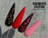Photo shows swatch of Dipnotic Nails Heartbreaker Black, Red, and Pink Foil Nail Dip Powder- The Heartbreaker Collection