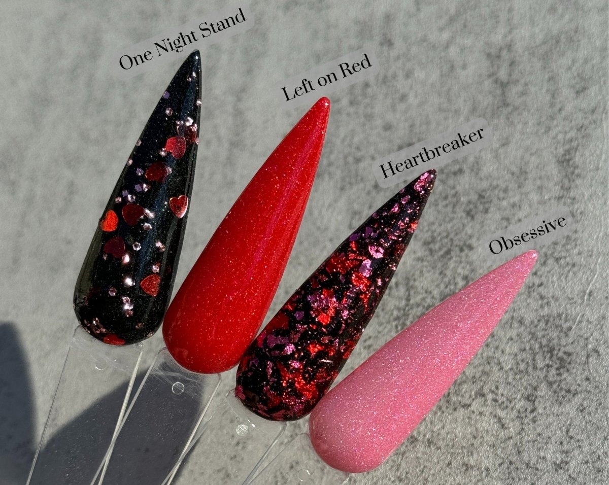 Photo shows swatch of Dipnotic Nails Heartbreaker Black, Red, and Pink Foil Nail Dip Powder- The Heartbreaker Collection