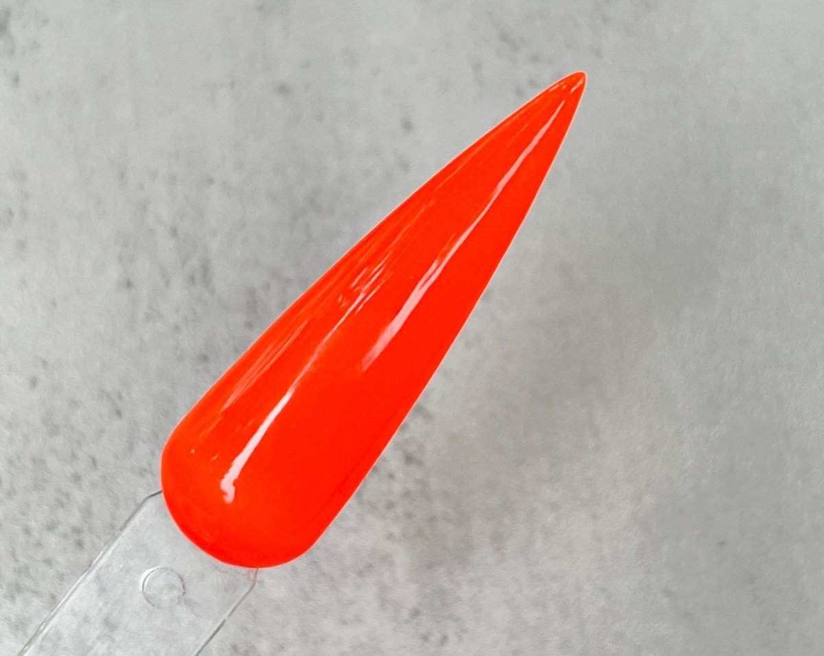 Photo shows swatch of Dipnotic Nails Helium Neon Orange Nail Dip Powder- The Neon Collection