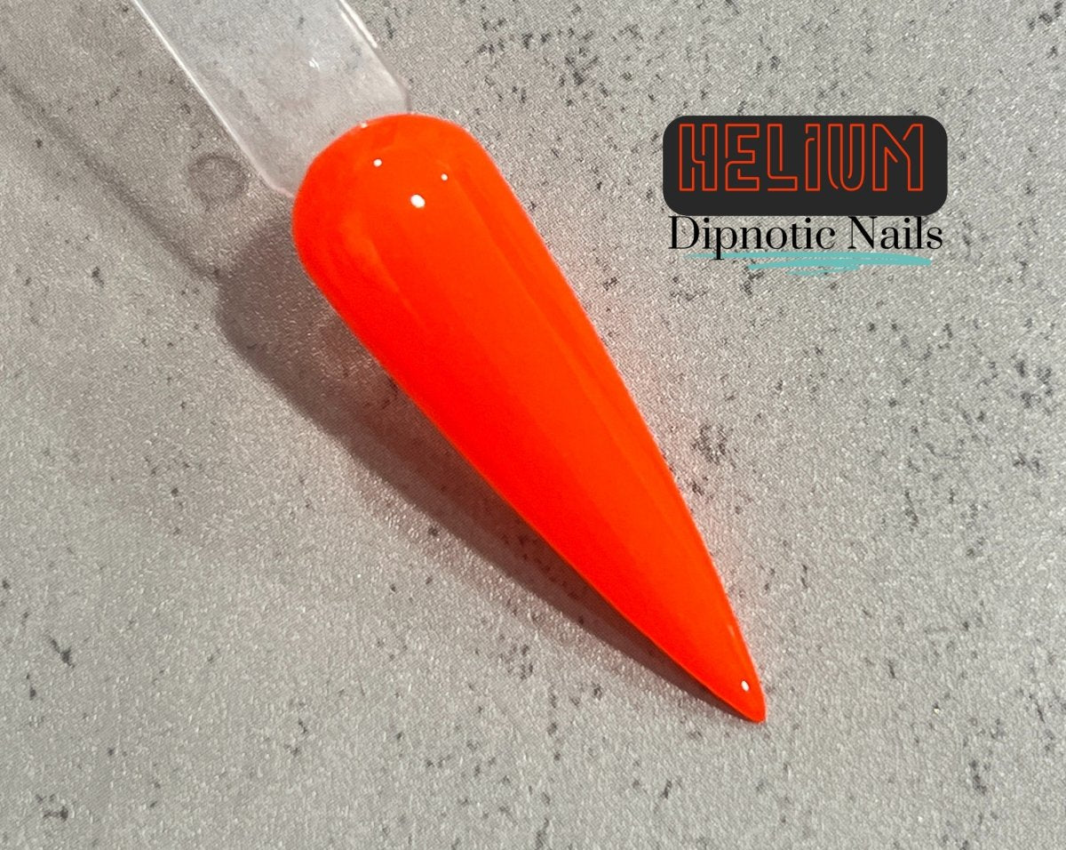 Photo shows swatch of Dipnotic Nails Helium Neon Orange Nail Dip Powder- The Neon Collection