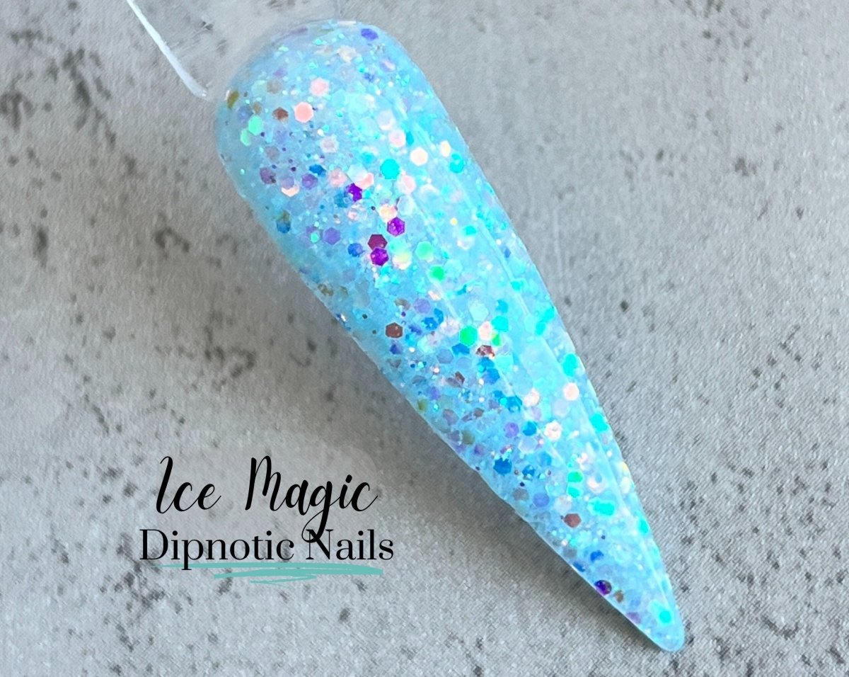 Photo shows swatch of Dipnotic Nails Ice Magic Blue Nail Dip Powder The Frozen Fairy Collection