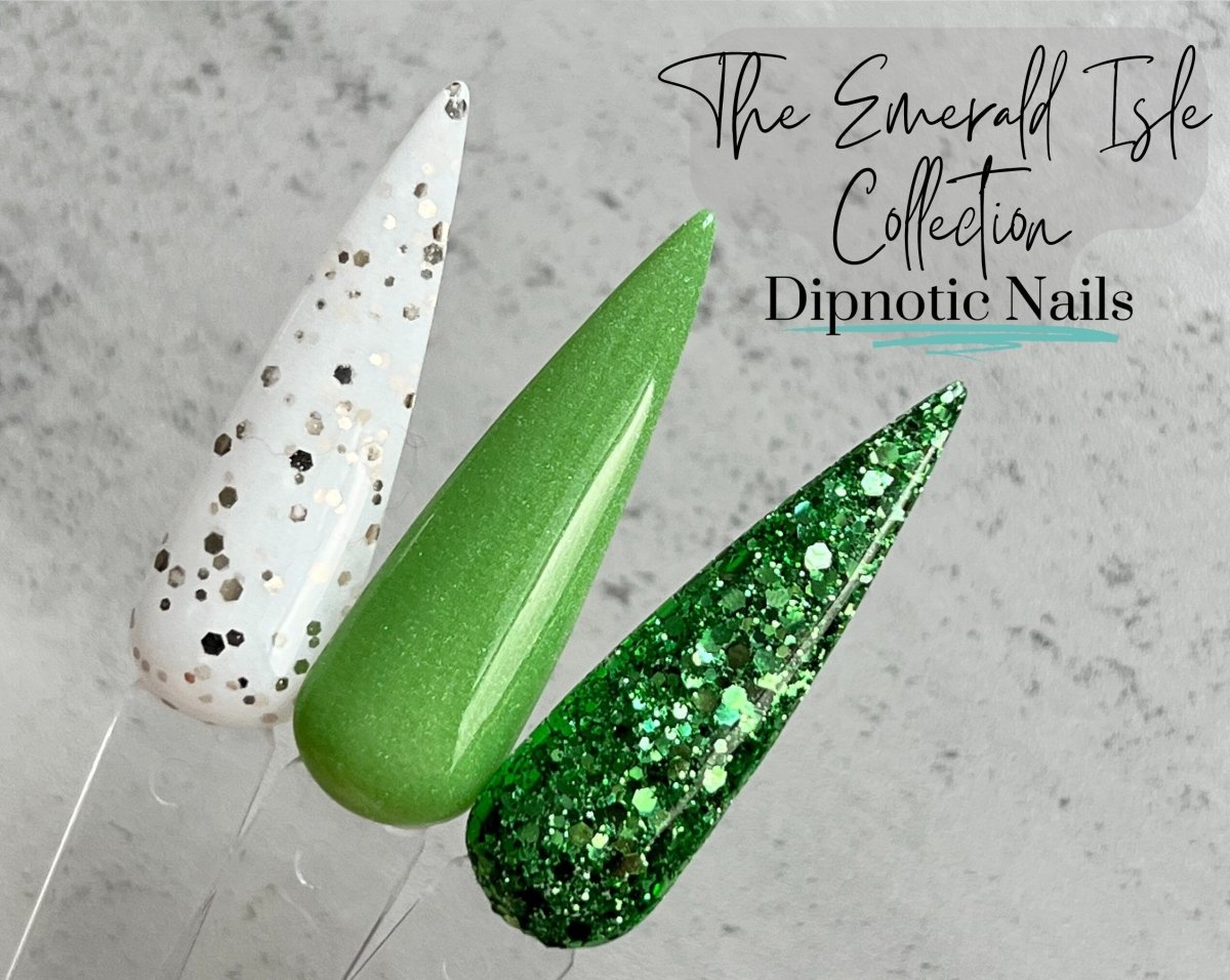 Photo shows swatch of Dipnotic Nails Killarney Green Nail Dip Powder The Emerald Isle Collection