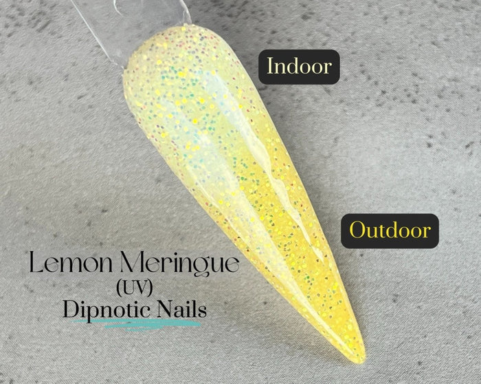 Photo shows swatch of Dipnotic Nails Lemon Meringue UV Changer Dip Powder The Citrus Sunrise Collection