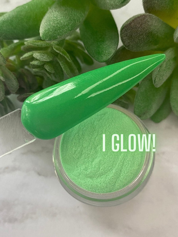 Photo shows swatch of Dipnotic Nails Lime Glow Green Nail Dip Powder