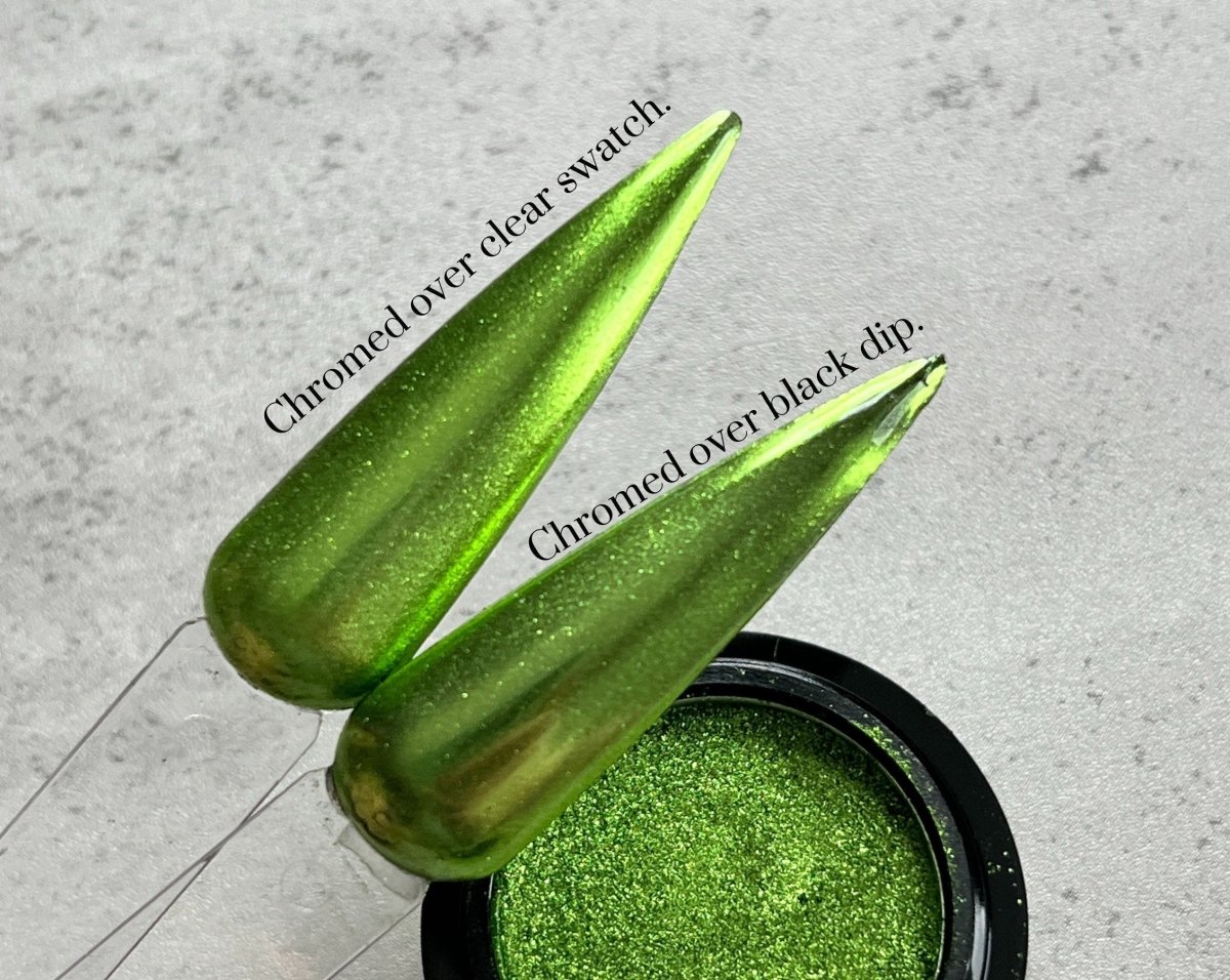 Photo shows swatch of Dipnotic Nails Lime Green Mirror Chrome Nail Pigment Powder