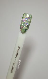 Photo shows swatch of Dipnotic Nails Limerick Green Nail Dip Powder The Emerald Isle Collection Pt. 2