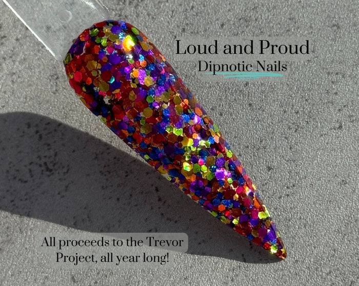 Photo shows swatch of Dipnotic Nails Loud and Proud Rainbow Pride Glitter Nail Dip Powder