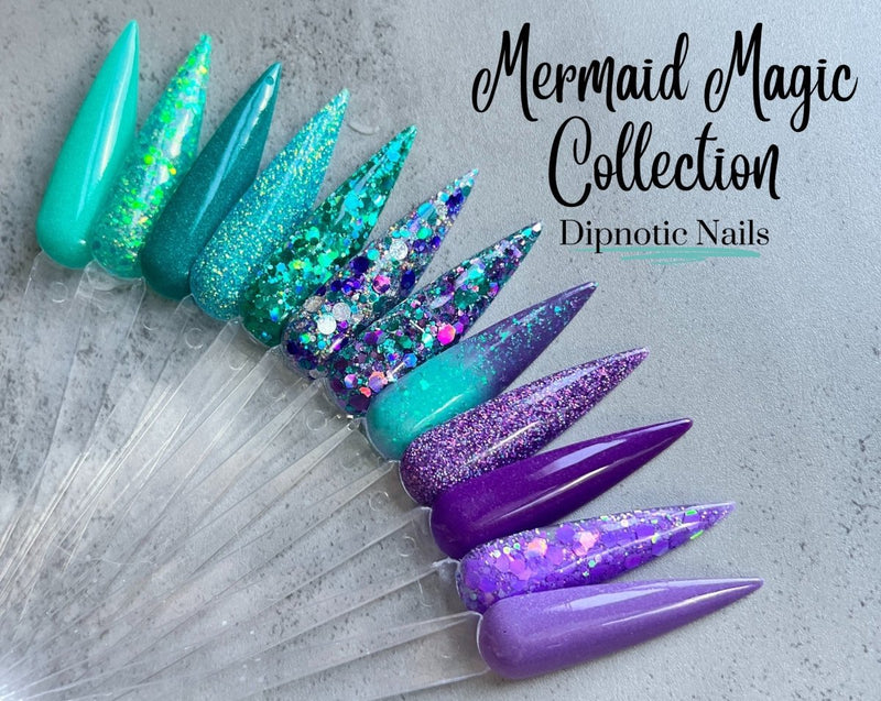 Photo shows swatch of Dipnotic Nails Make a Splash Teal Blue Iridescent Nail Dip Powder The Mermaid Magic Collection