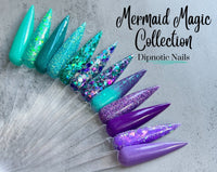 Photo shows swatch of Dipnotic Nails Mermaid Magic Collection Teal and Purple Nail Dip Powder Collection