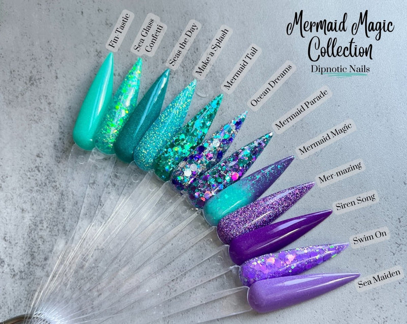 Photo shows swatch of Dipnotic Nails Mermaid Magic Teal to Purple Flaky Thermal Glow Nail Dip Powder The Mermaid Magic Collection
