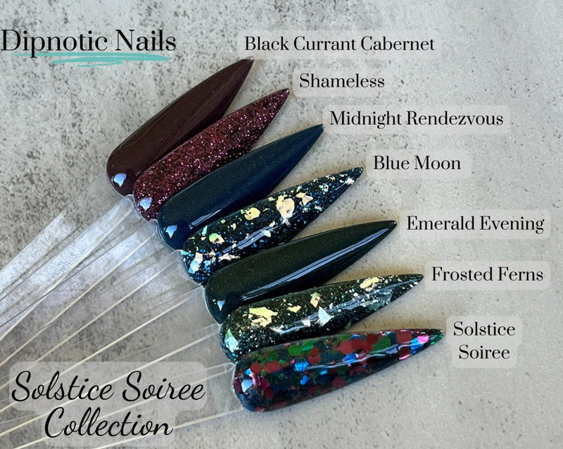 Photo shows swatch of Dipnotic Nails Midnight Rendezvous Dark Navy Nail Dip Powder The Solstice Soiree Collection
