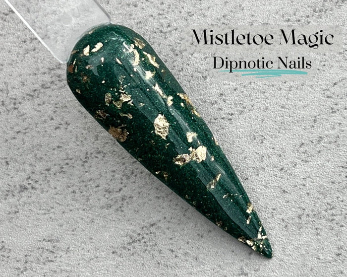 Photo shows swatch of Dipnotic Nails Mistletoe Magic Green Christmas Nail Dip Powder Christmas 2023 Collection