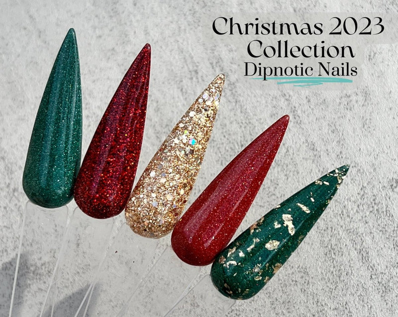 Photo shows swatch of Dipnotic Nails Mistletoe Magic Green Christmas Nail Dip Powder Christmas 2023 Collection